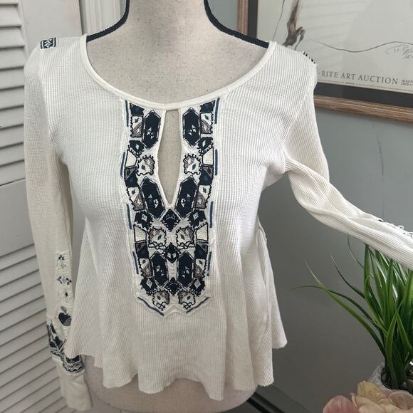 FREE PEOPLE X MARION Womens Top Waffle Weave Embroidered Thermal Bohemian S/P - Picture 1 of 12
